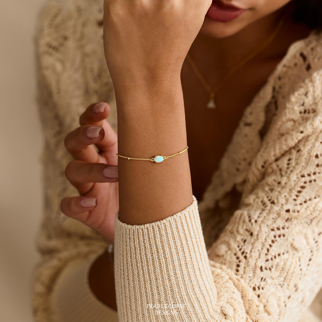Opal Bracelet, Dainty Opal Jewelry, Minimalist Gold Beaded Chain, October Birthstone, Elegant Mom Bracelet, Gift for mom, Charming Jewelry