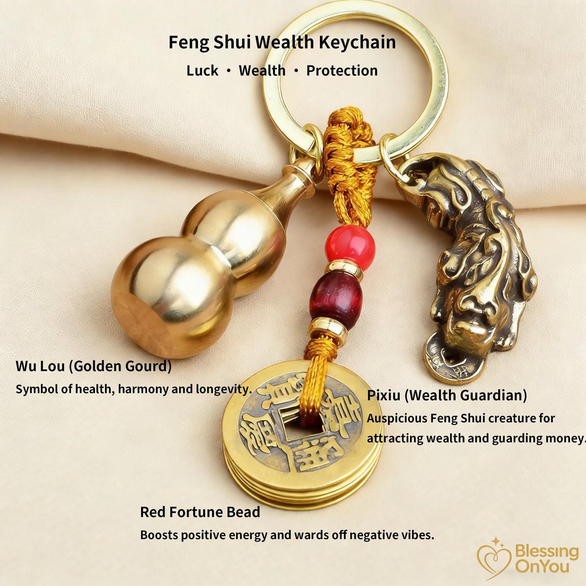 Feng Shui Lucky Cat Keychain, Five Emperor Coins Brass Keychain, Pixiu Wealth Charm, Wu Lou Gourd, Protection Amulet, Lucky Gift