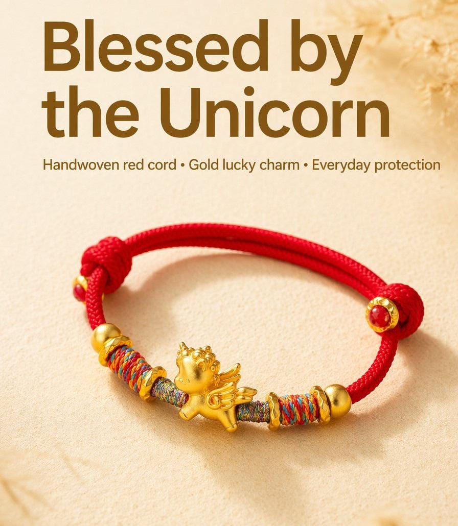 Red Cord Unicorn Bracelet, Handmade Lucky Charm Bracelet, Gold Unicorn Friendship Bracelet, Adjustable Woven Bracelet, Gift for Her