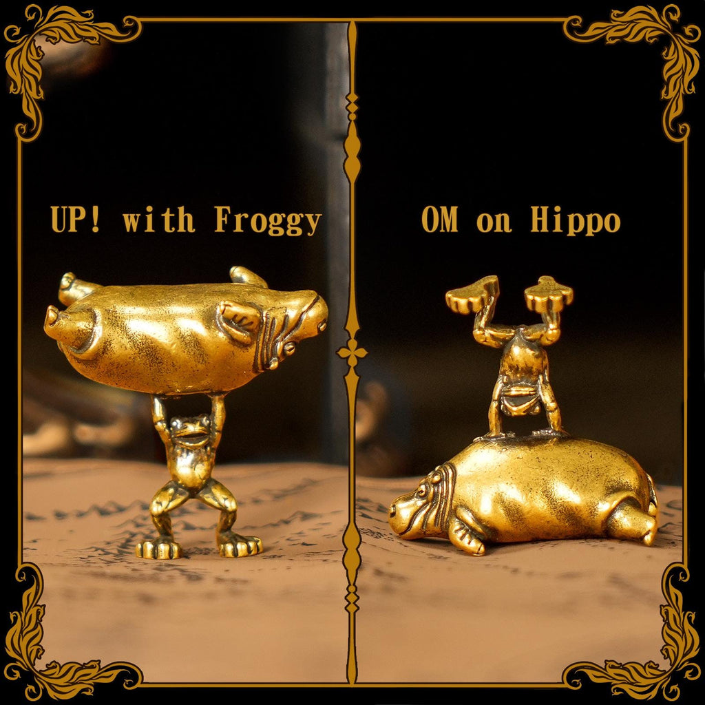 Reversible Frog & Hippo Sculpture – Solid Brass Whimsical Desk Art, Playful Dual Pose Decor