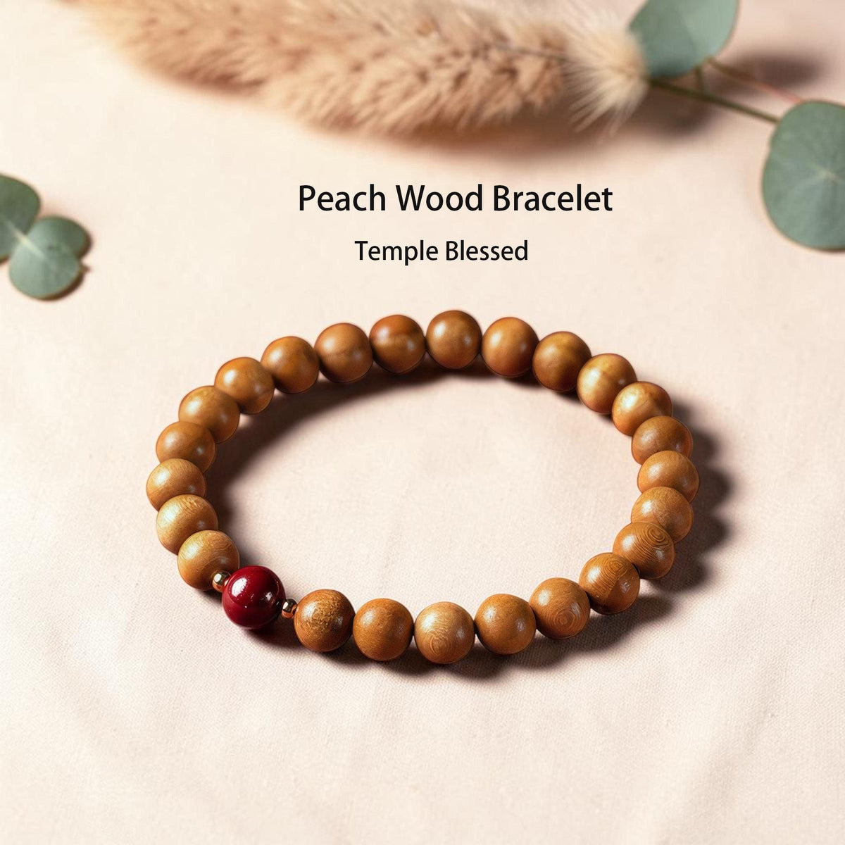 Peach Wood Beaded Bracelet, Peace & Protection Bracelet, Temple Blessed Prayer Gift, Cinnabar Lotus Bracelet, Spiritual Gift