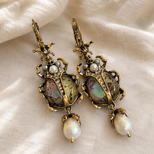 Beetle Earrings, Iridescent Shell and Baroque Pearl Dangles, Victorian Gothic Insect Jewelry