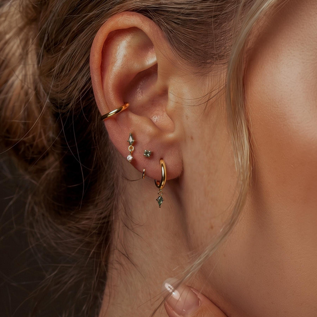 Moss Agate Earring Set, Gold Huggie Hoops, Flat Back Stud & CZ Diamond, Sterling Silver Ear Stack, Open Huggie, Kite Gemstone Nap Earrings.