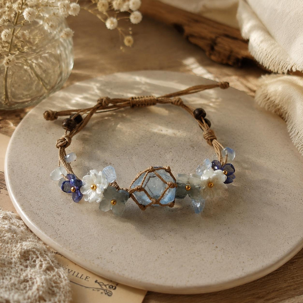 Blue Crystal Flower Bracelet: Adjustable Woven Cord Jewelry