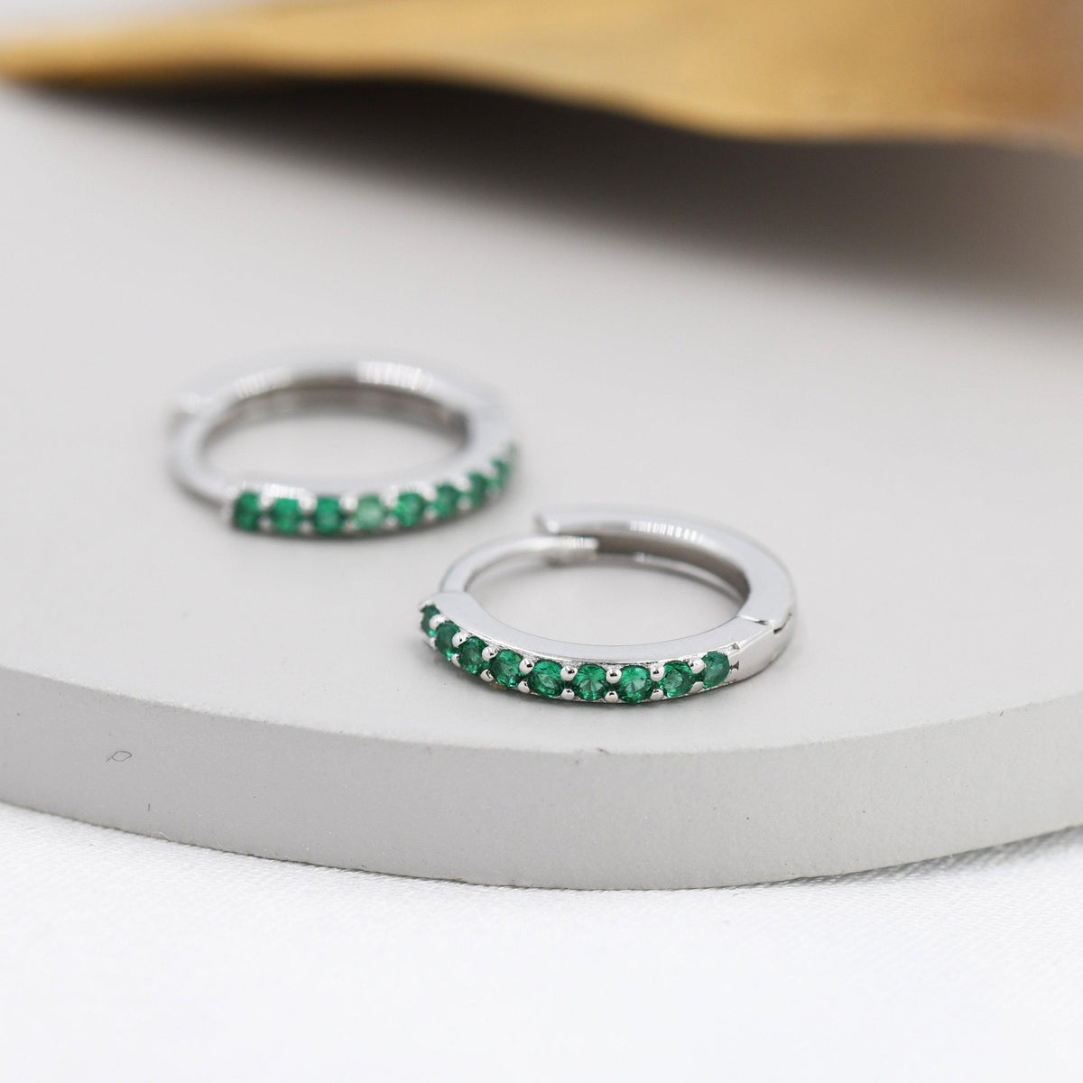 Emerald Green CZ Huggie Hoops in Sterling Silver, Silver or Gold, Minimalist Hoop Earrings, 6mm, 7mm, 8mm Hoops, cartilage hoops,
