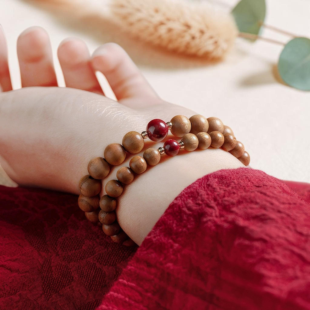 Peach Wood Beaded Bracelet, Peace & Protection Bracelet, Temple Blessed Prayer Gift, Cinnabar Lotus Bracelet, Spiritual Gift