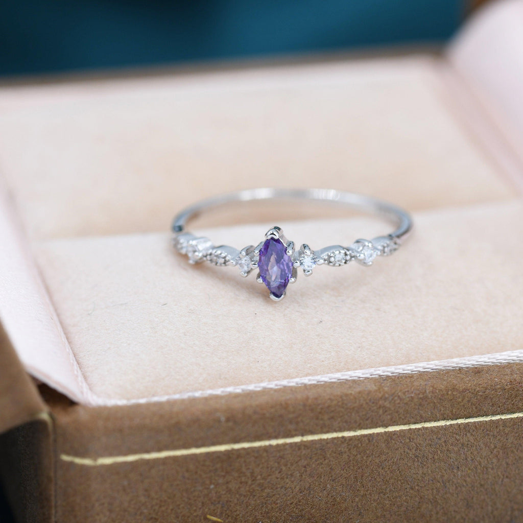 Vintage Inspired Amethyst Purple CZ Ring in Sterling Silver, Marquise Ring, Delicate Amethyst Ring, Size US 5 - 8