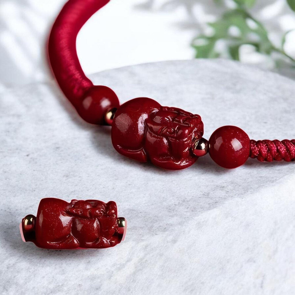 Hand-Carved Cinnabar Pixiu Bracelet | Red String Chinese Knot Prosperity Charm