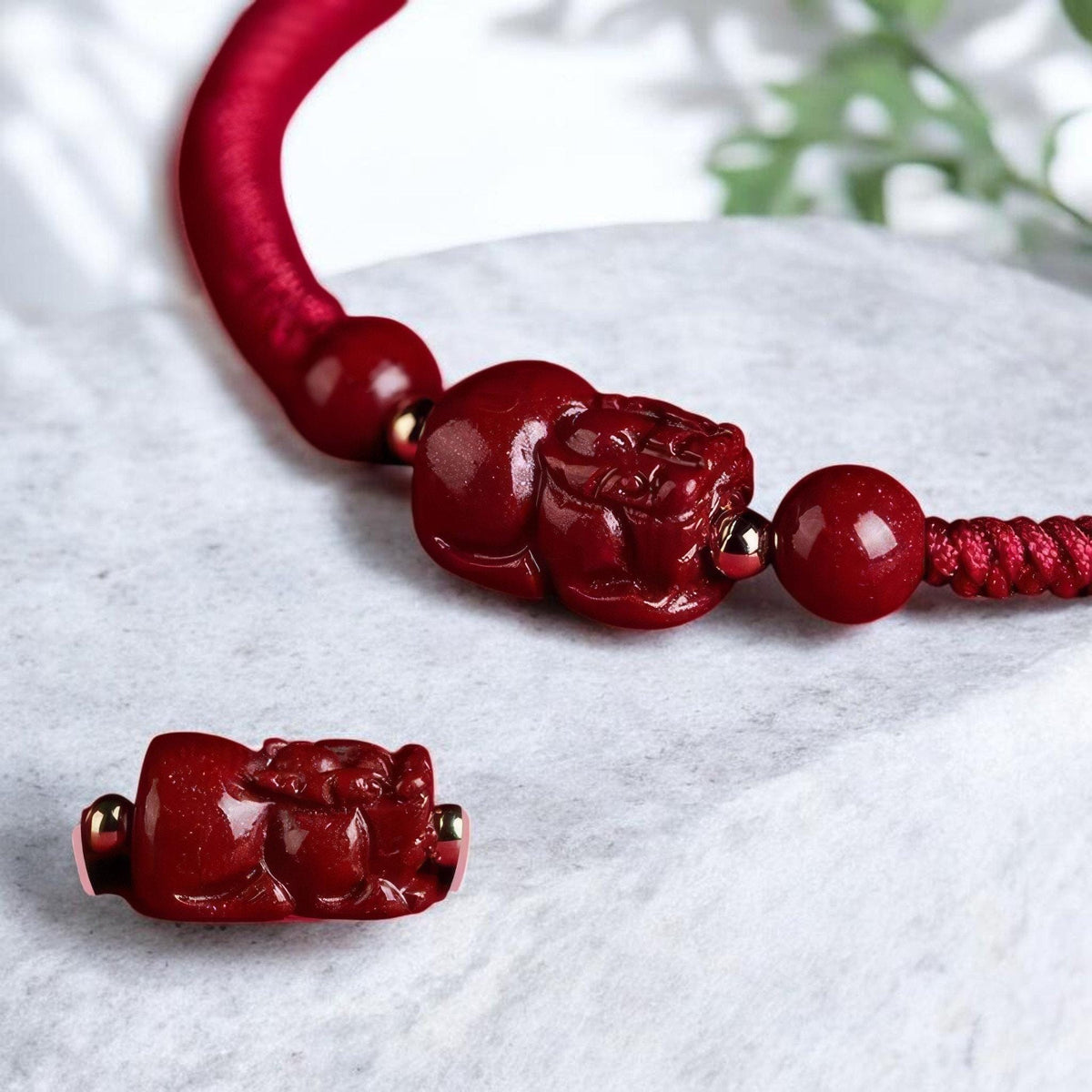 Hand-Carved Cinnabar Pixiu Bracelet | Red String Chinese Knot Prosperity Charm