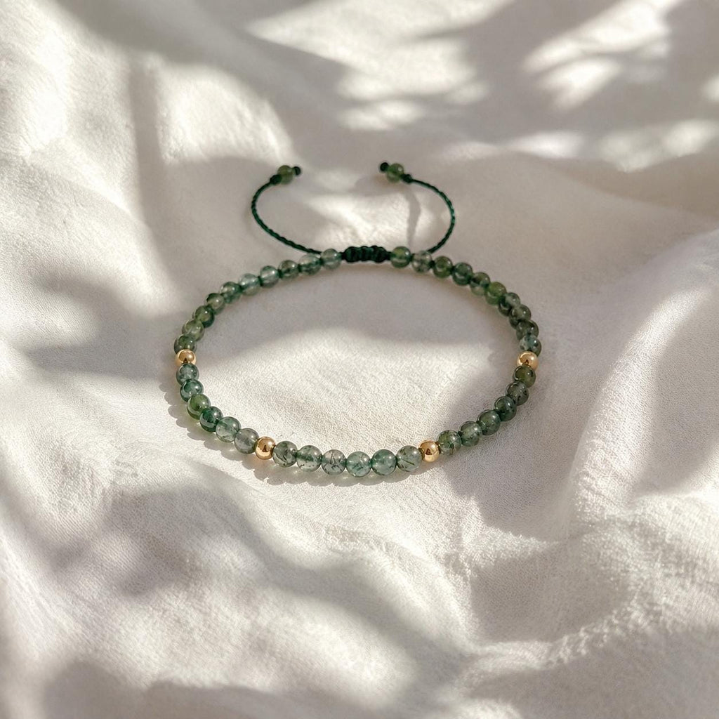 Natural Moss Agate Bracelet - Dainty 4mm Beaded Adjustable Braided Jewelry