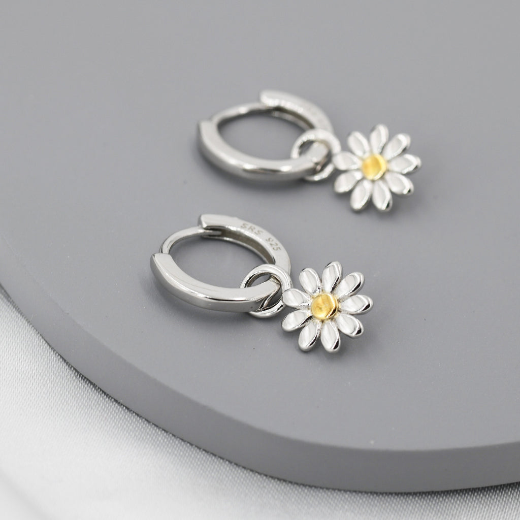 Little Daisy Flower Charmed Hoop Earrings in Sterling Silver - Cute Flower Blossom Huggie Hoop Earrings - Fun, Whimsical