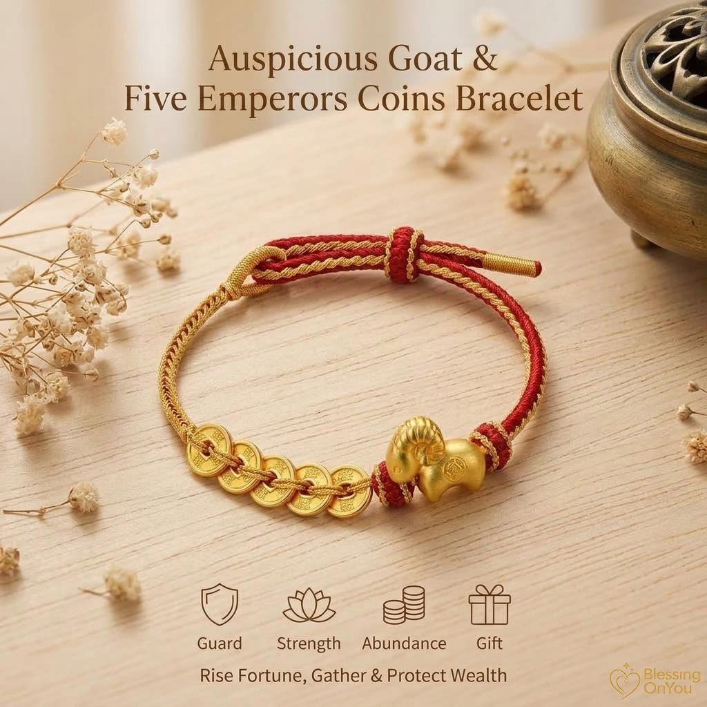 2027 Year of the Goat Wealth Protection Bracelet, Five Emperors Coins Red String Lucky Charm, Chinese Feng Shui Prosperity Gift,Good Fortune