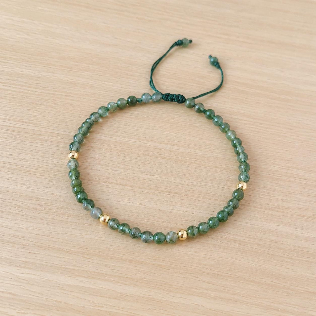 Natural Moss Agate Bracelet - Dainty 4mm Beaded Adjustable Braided Jewelry